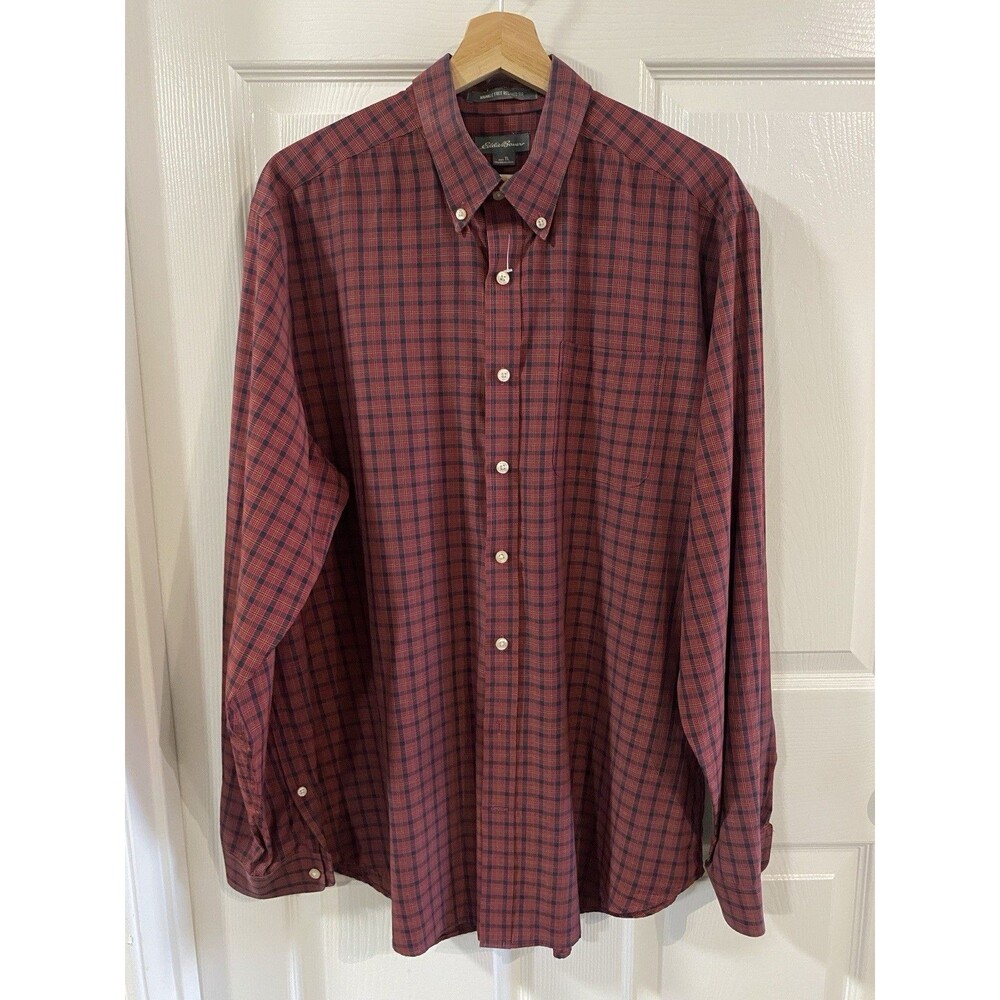 Eddie Bauer Wrinkle Fee Button-Up Long Sleeve Red Plaid Shirt Mens Tall L Smart
